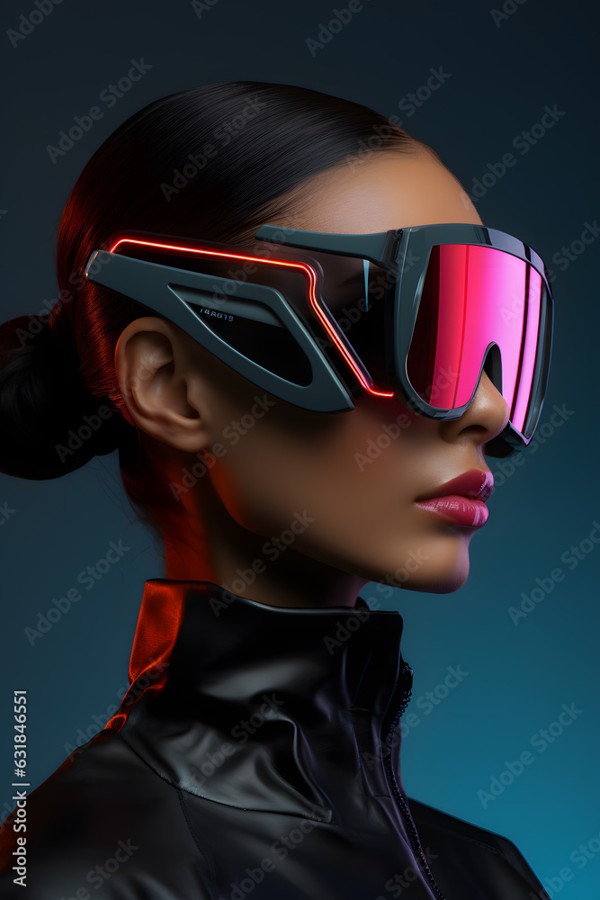 Woman portrait with futuristic sunglasses in the style of digital neon, retro-futuristic Woman portrait with futuristic sunglasses in the style of digital neon, retro-futuristic