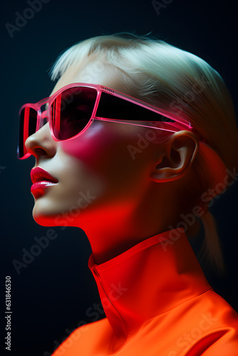 Woman portrait with futuristic sunglasses in the style of digital neon, retro-futuristic