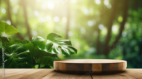 Table top wood counter floor podium in nature outdoors tropical forest garden blurred green jungle plant background.Created with Generative AI technology.