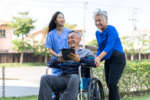 Portrait of smiling caring asian nurse service help support discussing and consulting taking care with senior elderly asian man and woman couple at home visit.senior retirement home care concept