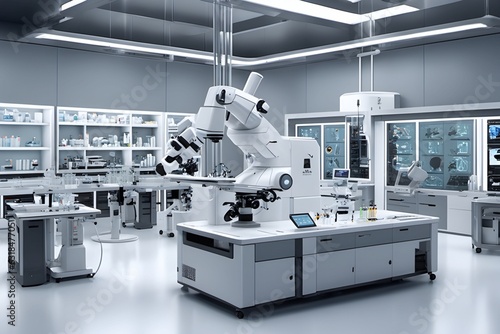 Cutting-edge labs with futuristic technology. Scientists using gene-editing machines, high-res microscopes, quantum computing. 