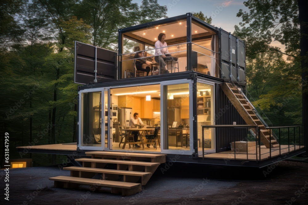 Fototapeta premium Revolutionary Eco Haven: Container House Tiny House, Uniting Innovative Design and Aesthetics.