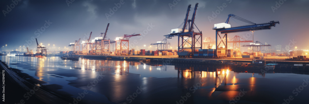 Panorama of a container terminal in the port of Hamburg at night.generative ai