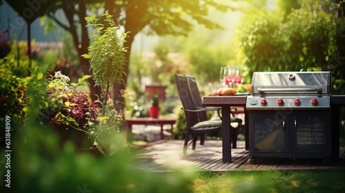 Wooden table standing in the front of summer sunny day background in the garden with grill.Created with Generative AI technology. © MP Studio