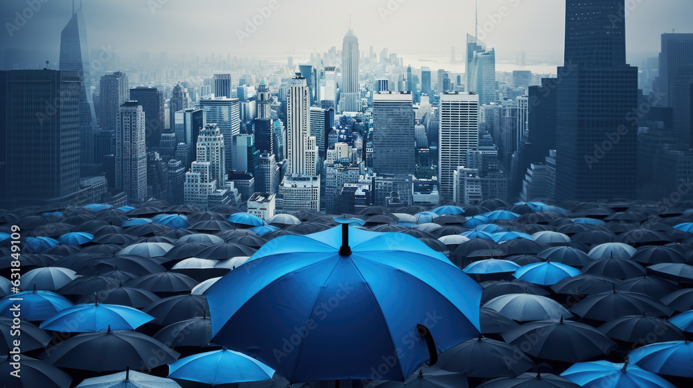 Blue umbrella on top of others umbrellas. Created with Generative AI technology. - obrazy, fototapety, plakaty 