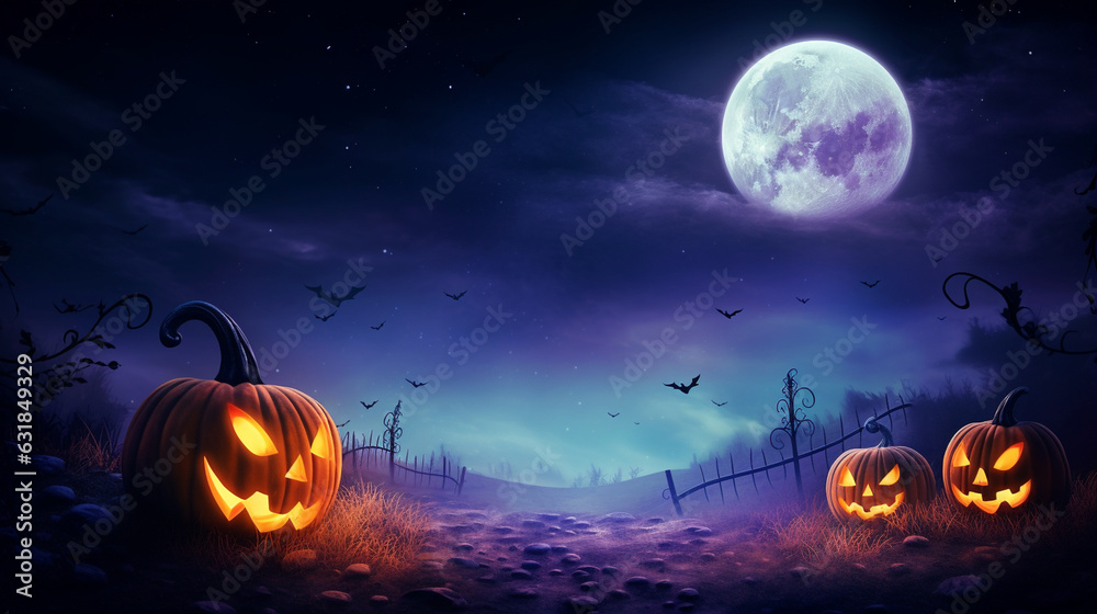 A single pumpkin on a mystical and magical night sky background, pumpkin background, Halloween banner, Generative AI