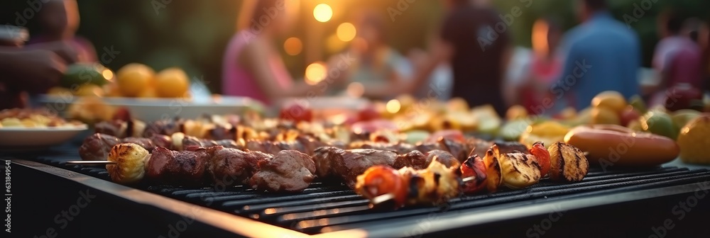 Barbecue grill during party at backyard with many of friends morning in nature while having a blast.