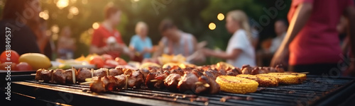 Barbecue grill during party at backyard with many of friends morning in nature while having a blast.