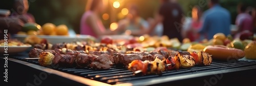 Barbecue grill during party at backyard with many of friends morning in nature while having a blast.