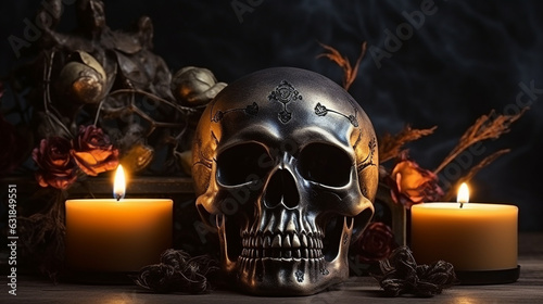 Skull with candlelight casting eerie shadows, skull, Halloween banner, Generative AI