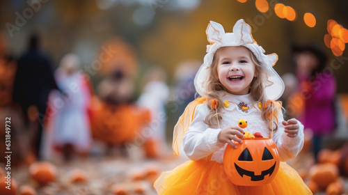 Girl dressed as a ghost holding a jack-o'-lantern full of Halloween candies on the right side, child with Halloween candy, Halloween banner, Generative AI