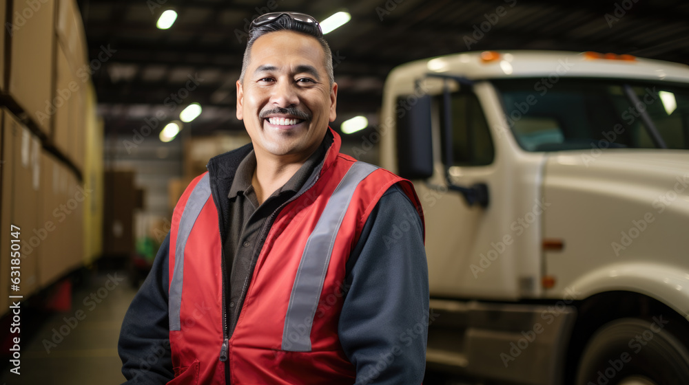 Happy smiling truck driver. Created with Generative AI technology. Happy smiling truck driver. Created with Generative AI technology.