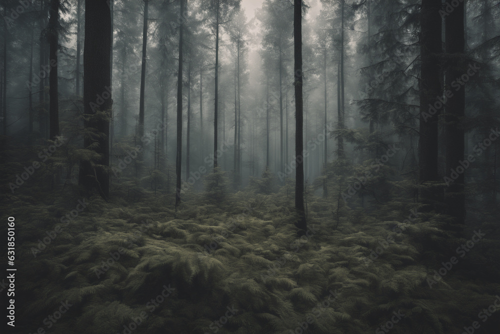 immagine con panorama, paesaggio di impervia foresta di conifere, atmosfera invernale e nebbiosa, luce diffusa dalla nebbia