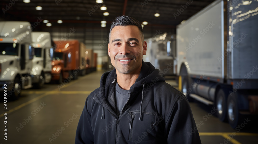 Happy smiling truck driver. Created with Generative AI technology. Happy smiling truck driver. Created with Generative AI technology.