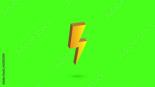 3D thunder bolt on green screen background. Yellow orange gradient color