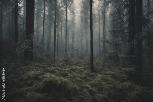 immagine con panorama, paesaggio di impervia foresta di conifere, atmosfera invernale e nebbiosa, luce diffusa dalla nebbia © divgradcurl