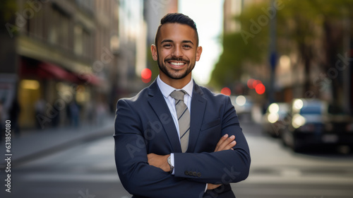 A businessman stands with his arms crossed and smiling in front of the business city. Created with Generative AI technology. © MP Studio