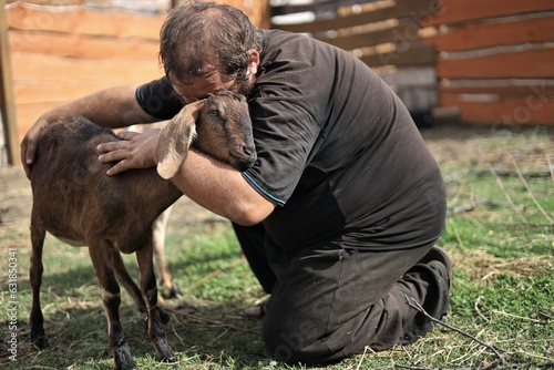 Bearded man hugging an Anglo-Nubian goat © Владимир Коврижник