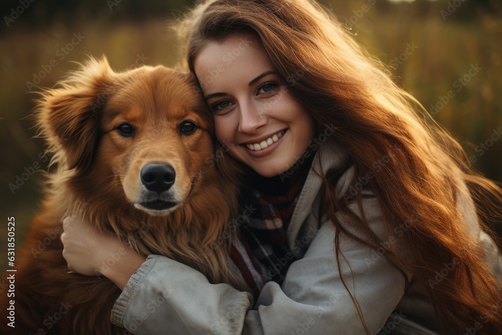 young adult woman holding her dog , outdoor autumn park, AI Generated