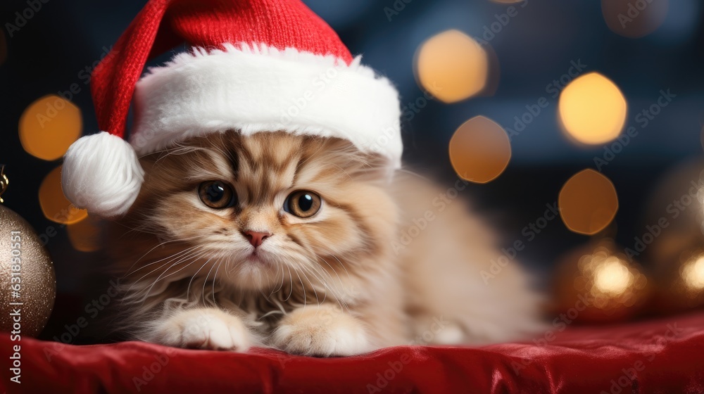 Little cute kitten in red santa hat and christmas background Little cute kitten in red santa hat and christmas background