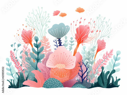 Watercolor Coral and Sea Anemones on a white background, ai generative