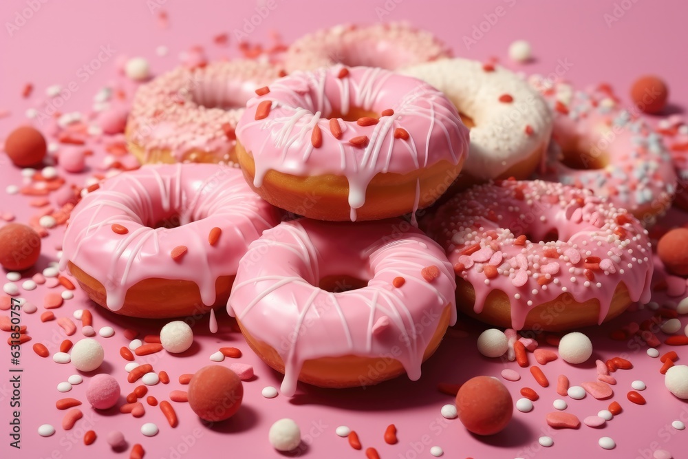 Closeup of donuts coated with a pink frosting and sprinkles of different colors on pink background. Closeup of donuts coated with a pink frosting and sprinkles of different colors on pink background.
