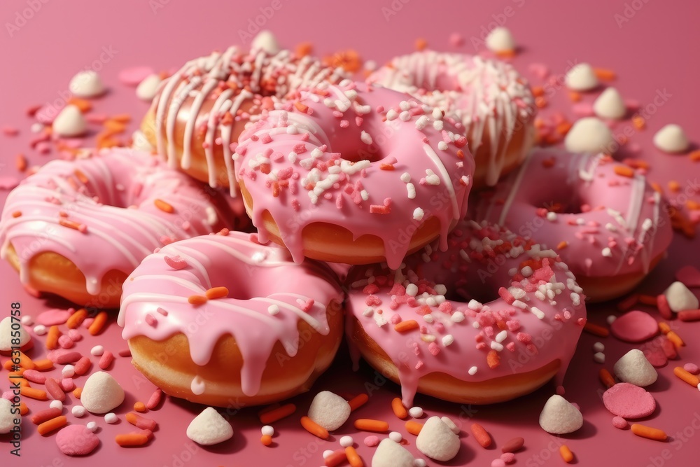 Closeup of donuts coated with a pink frosting and sprinkles of different colors on pink background. Closeup of donuts coated with a pink frosting and sprinkles of different colors on pink background.