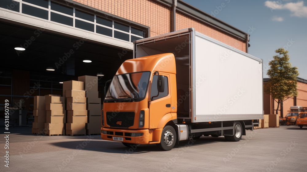 Outside of Logistics Warehouse, Delivery Van Loaded with Cardboard Boxes. Created with Generative AI technology. Outside of Logistics Warehouse, Delivery Van Loaded with Cardboard Boxes. Created with Generative AI technology.