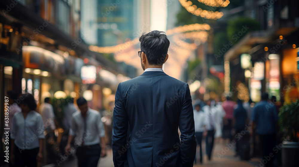 backside of middle age Asia man walking in the street business district background. backside of middle age Asia man walking in the street business district background.