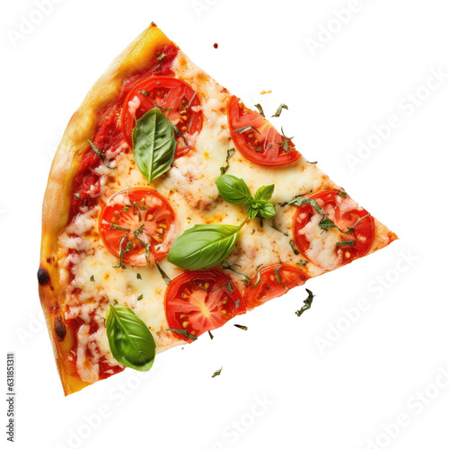 Delicious Margherita pizza slice seen from above on transparent backround.