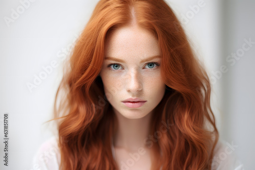 Portrait of beautiful young woman with red hair and freckles
