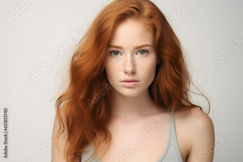 Portrait of beautiful young woman with red hair and freckles