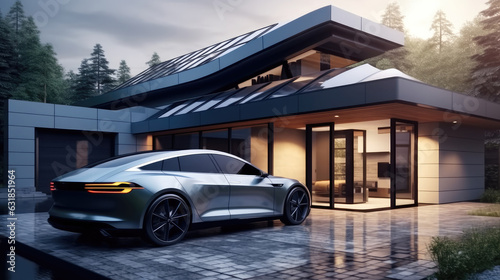 Electric car on a parking space of a beautiful modern house. © visoot