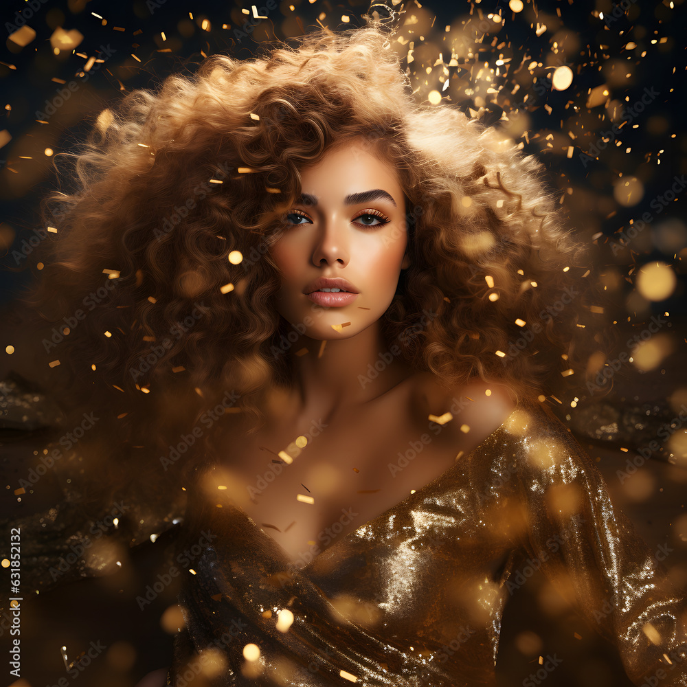 Woman with curly hair in golden dress surrounded by the sparkle stars Woman with curly hair in golden dress surrounded by the sparkle stars