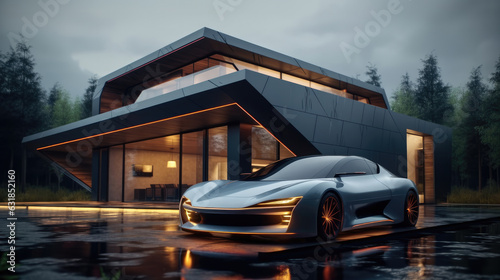 Car parked by a modern home, Modern luxury sports.