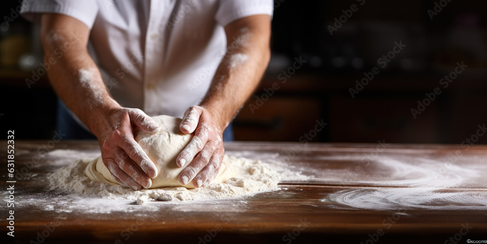 Male hands kneading dough on sprinkled table. Copy space