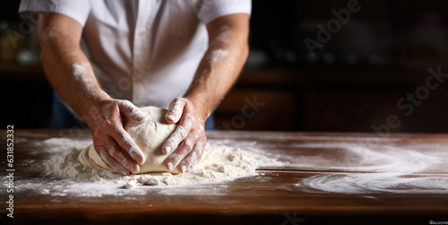 Male hands kneading dough on sprinkled table. Copy space © Ivan Acedo