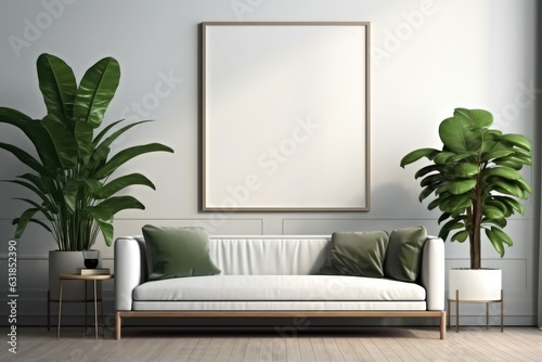 Fototapeta Naklejka Na Ścianę i Meble -  Modern interior with empty picture frame on wall with couch and green plant, Empty Frame in Living Room.