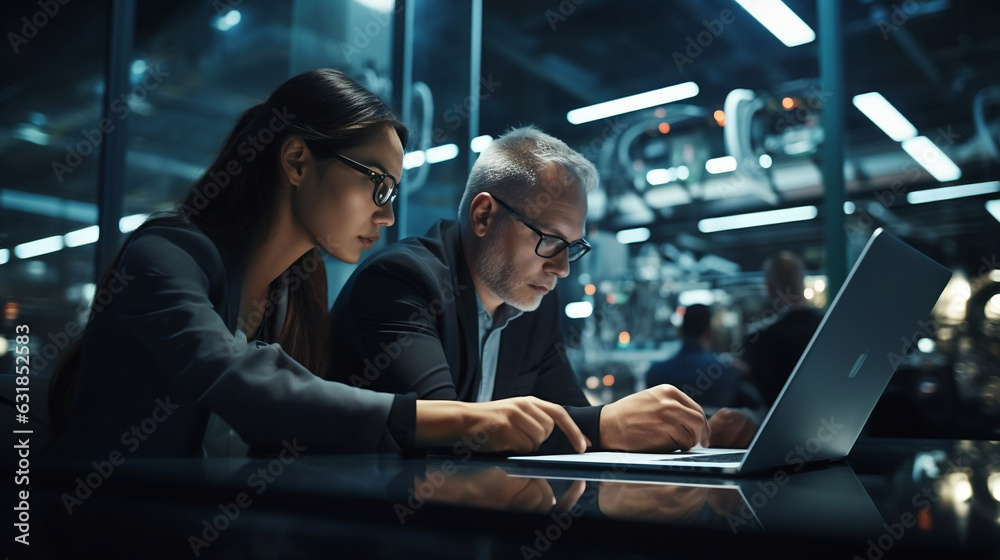 Side view portrait of two software developers using laptop together while working on project