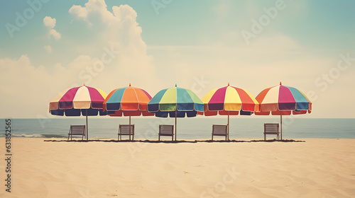 A row of colorful umbrellas lined up on a sandy beach