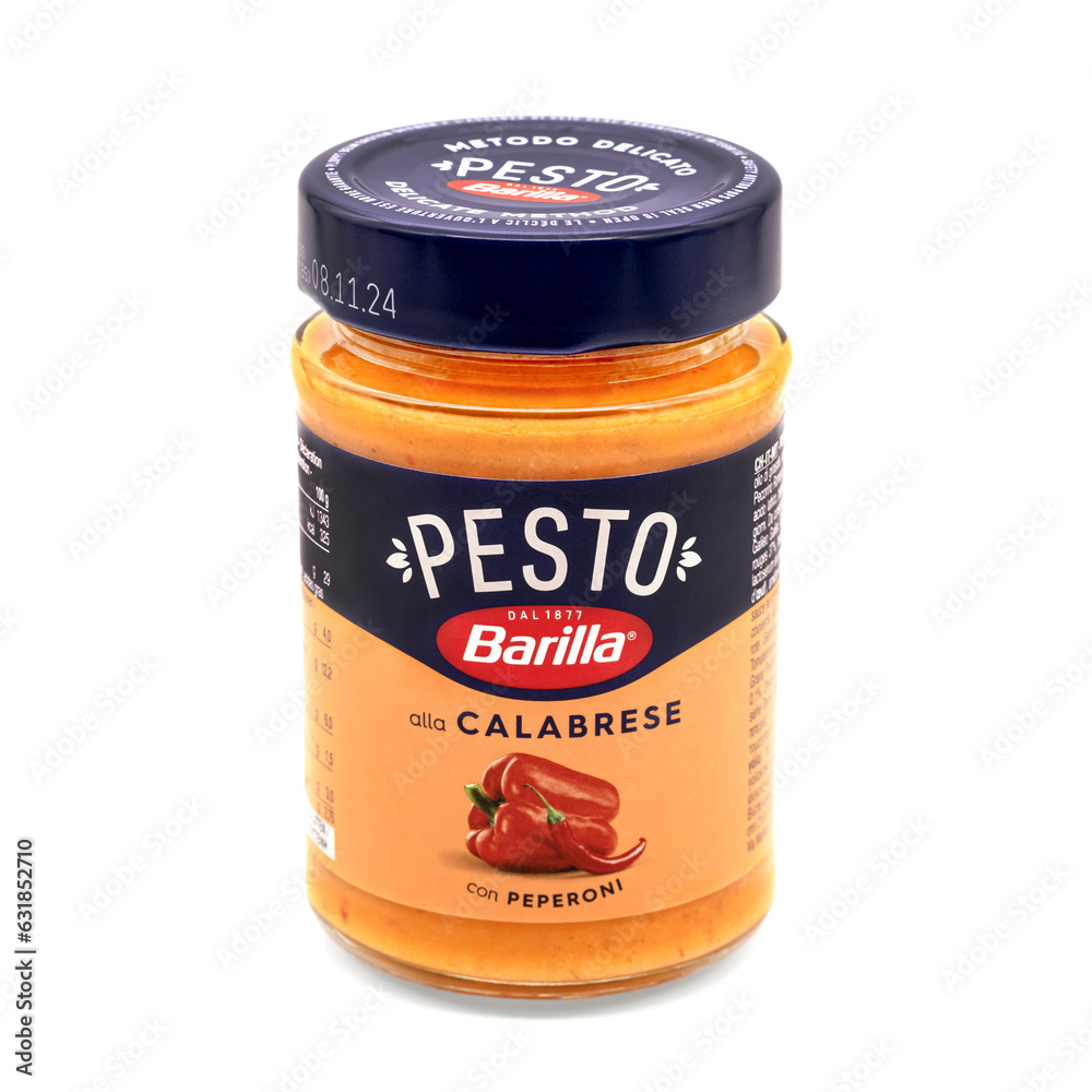 Barilla Pesto alla Calabrese con Peperoni,jar of ready sauce,Italian product isolated on white