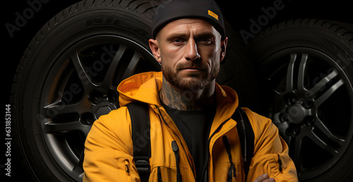 Tire fitting specialist. Repairman mechanic portrait in car auto repair or maintenance shop service station with automobile wheel tire. Generative AI