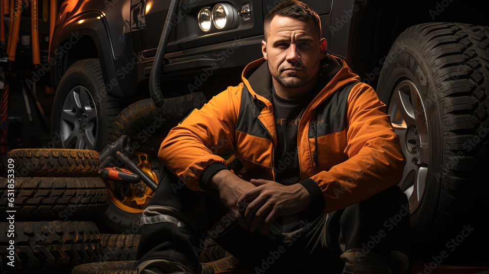Tire fitting specialist. Repairman mechanic portrait in car auto repair or maintenance shop service station with automobile wheel tire. Generative AI Tire fitting specialist. Repairman mechanic portrait in car auto repair or maintenance shop service station with automobile wheel tire. Generative AI
