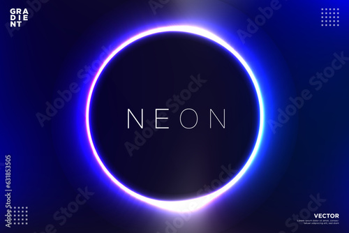 Trendy futuristic background minimalist cybernetic glowing ring template. Blue neon lights with bright circle frame of light. Vector Illustration. EPS 10. 