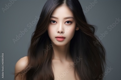 Young asian beauty woman model long hair with korean makeup style on face and perfect skin on isolated monochromatic background. generative AI