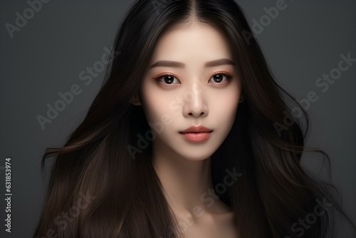 Young asian beauty woman model long hair with korean makeup style on face and perfect skin on isolated monochromatic background. generative AI