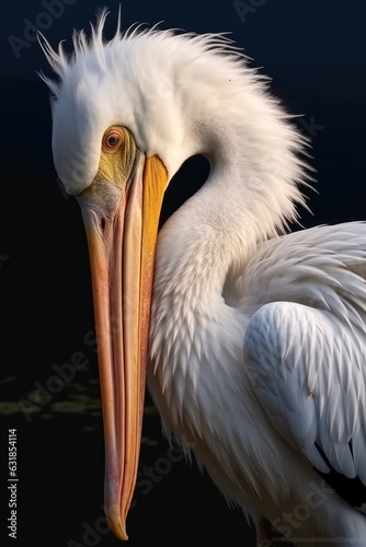 Side view American White pelican on black background.