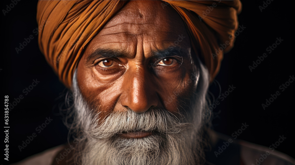Portrait of an elderly Indian man in national dress.