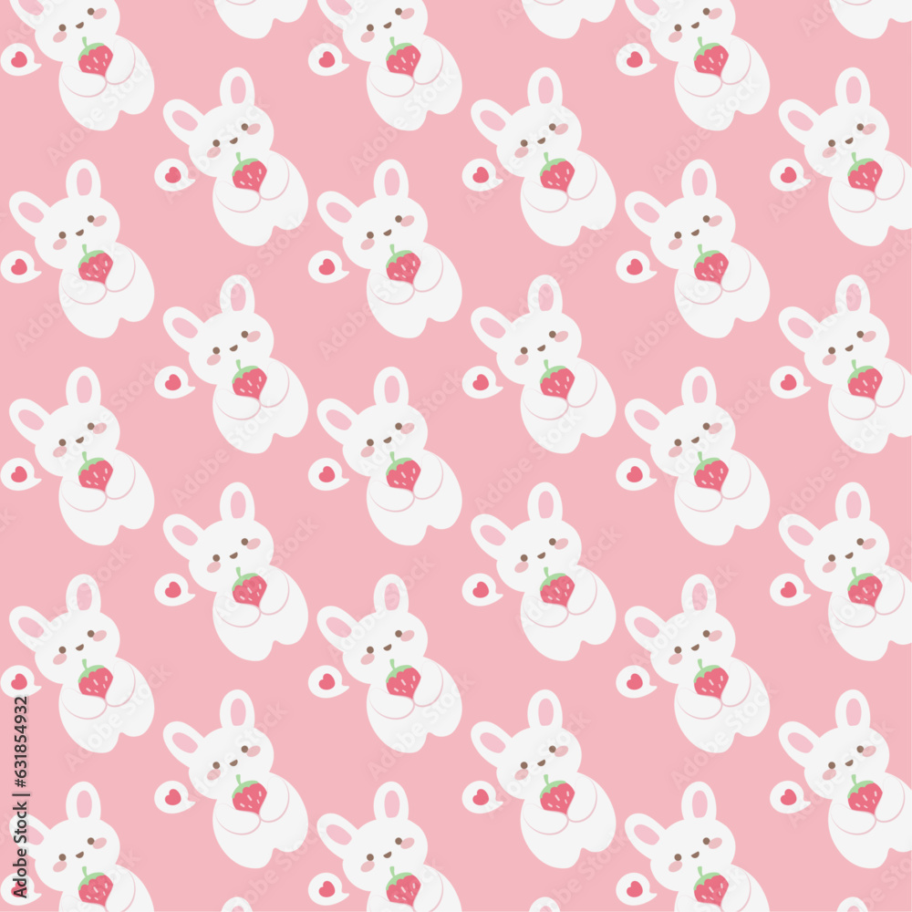 Cute rabbit and strawberry seamless pattern on pink background