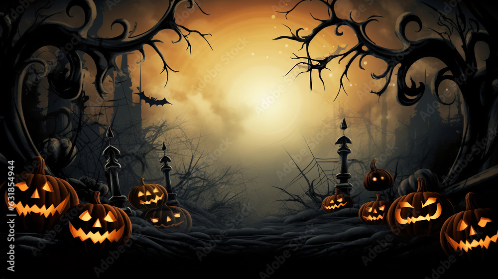 Halloween background. Spooky forest with dead trees and glowing pumpkins Jack O Lanterns. Scary and creepy nightmare Halloween concept design background